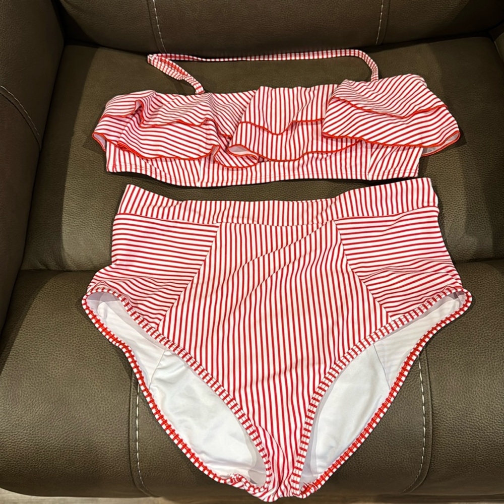 Size XL red and white striped high waisted 2 piece swimsuit.